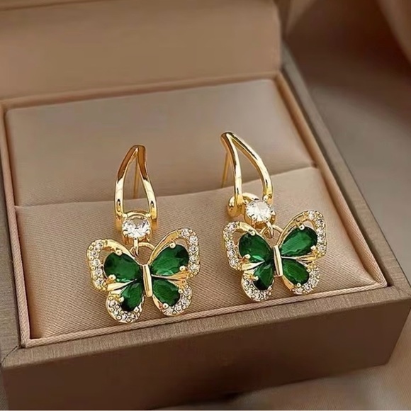 Anthropologie Jewelry - Elegant Butterfly Earrings with Green and Gold Accents.
